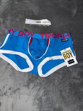 Andrew Christian Blue & White Trophy Boy Trunks with Red Waistband
